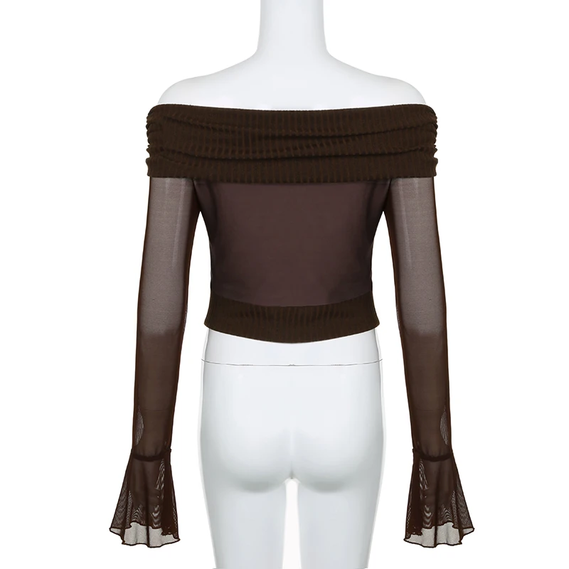 Top de mujer con mangas acampanadas y hombros descubiertos, estilo patchwork, estilo Y2K, estilo grunge, corte entallado, estilo vintage sexy, otoño de los años 2000