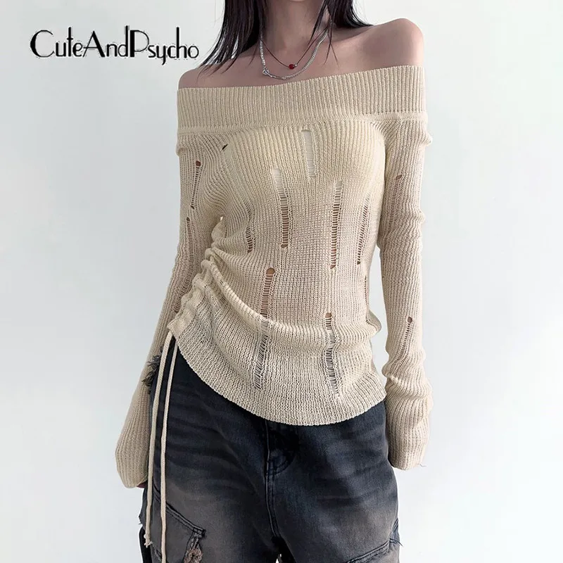 

Cuteandpsycho Slash Neck Chic Knitted Sweaters Casual Solid Pleated Hollow Out Pullovers Vintage Fashion Long Sleeves Outfits