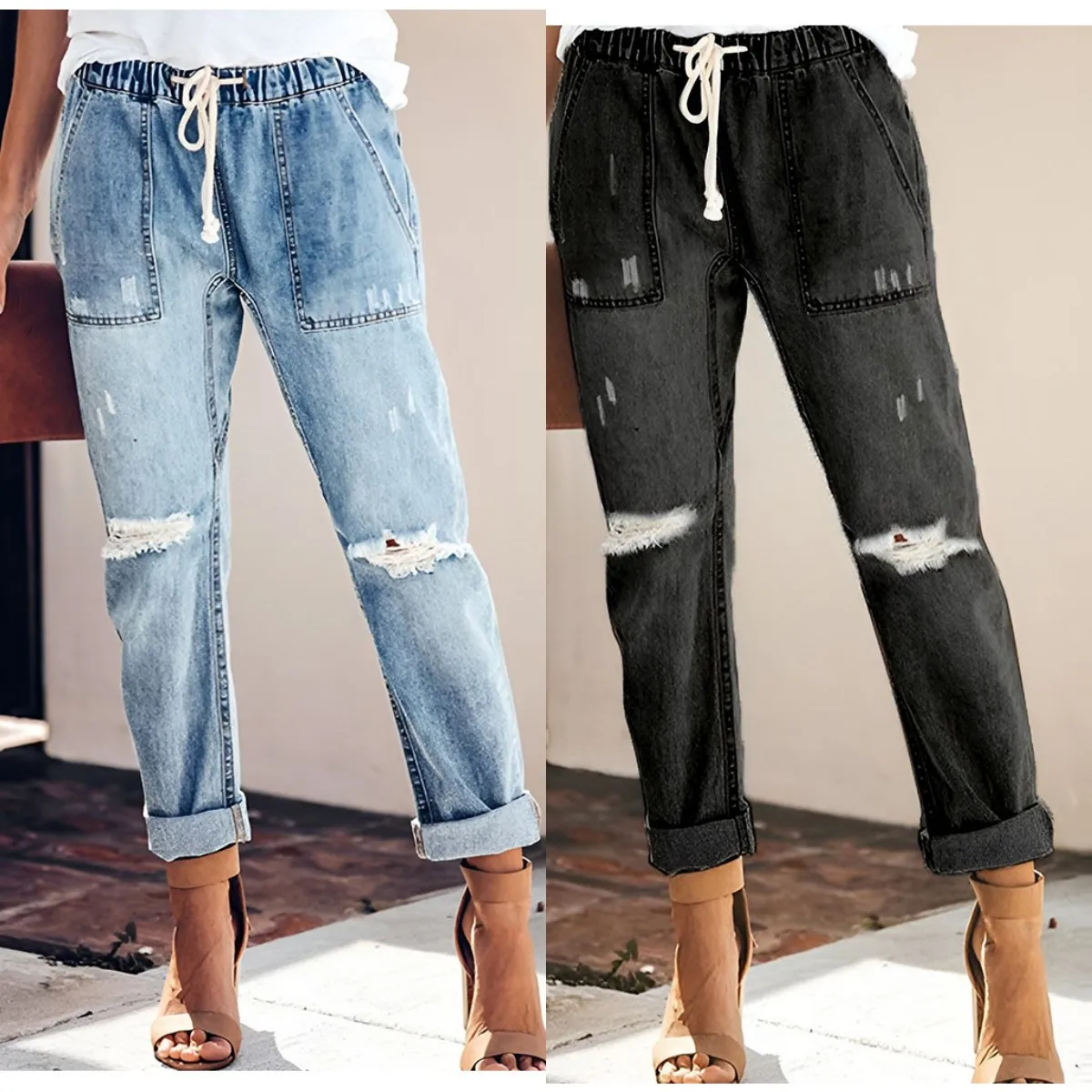 

Autumn 2023 New Women's Elastic Waist Ripped Jeans Fashion High Stretch Denim Straight Leg Pants Female Casual Clothing