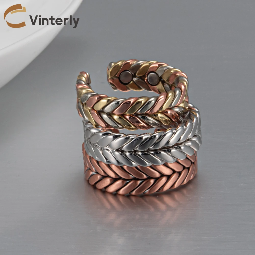 Vinterly Pure Copper Magnetic Health Energy Braided Open Cuff Ring - Adjustable Wedding Band, 7.3mm Wide Jewelry