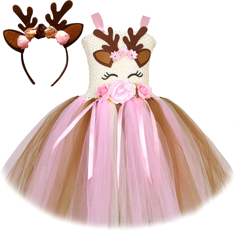 

Flowers Deer Tutu Dress Girls Christmas Dresses Clothes Animal Elk Reindeer Cosplay Costume for Kids Halloween Xmas Party Outfit