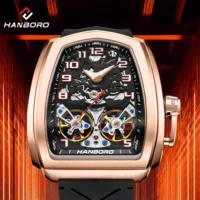 Montre mécanique automatique pour homme HANBORO Racing, boîtier irrégulier, or rose, double tourbillon, cadran rouge ajouré, montre de sport de luxe 985 1