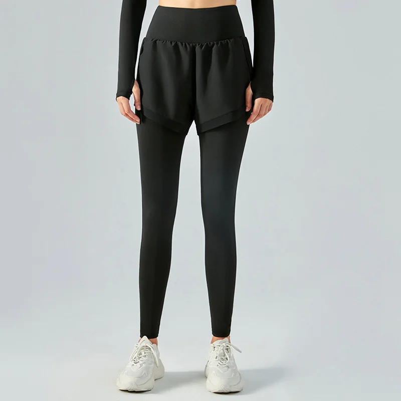 Women Yoga Leggings Pants Elastic High Waist Anti Slip Fake Two Piece Mesh Pant Skirt Fitness Pants Women's Running Tights