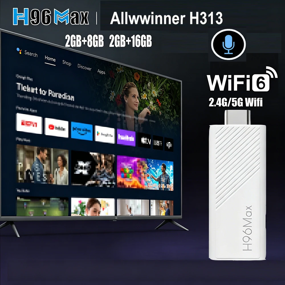 H96 MAX 안드로이드 TV 스틱 Allwinner H313 2.4G 와이파이 5G 와이파이6 듀얼 브랜드 8GB 16GB 4K 3D HDR 구글 음성 리모컨 DC 5V 2A