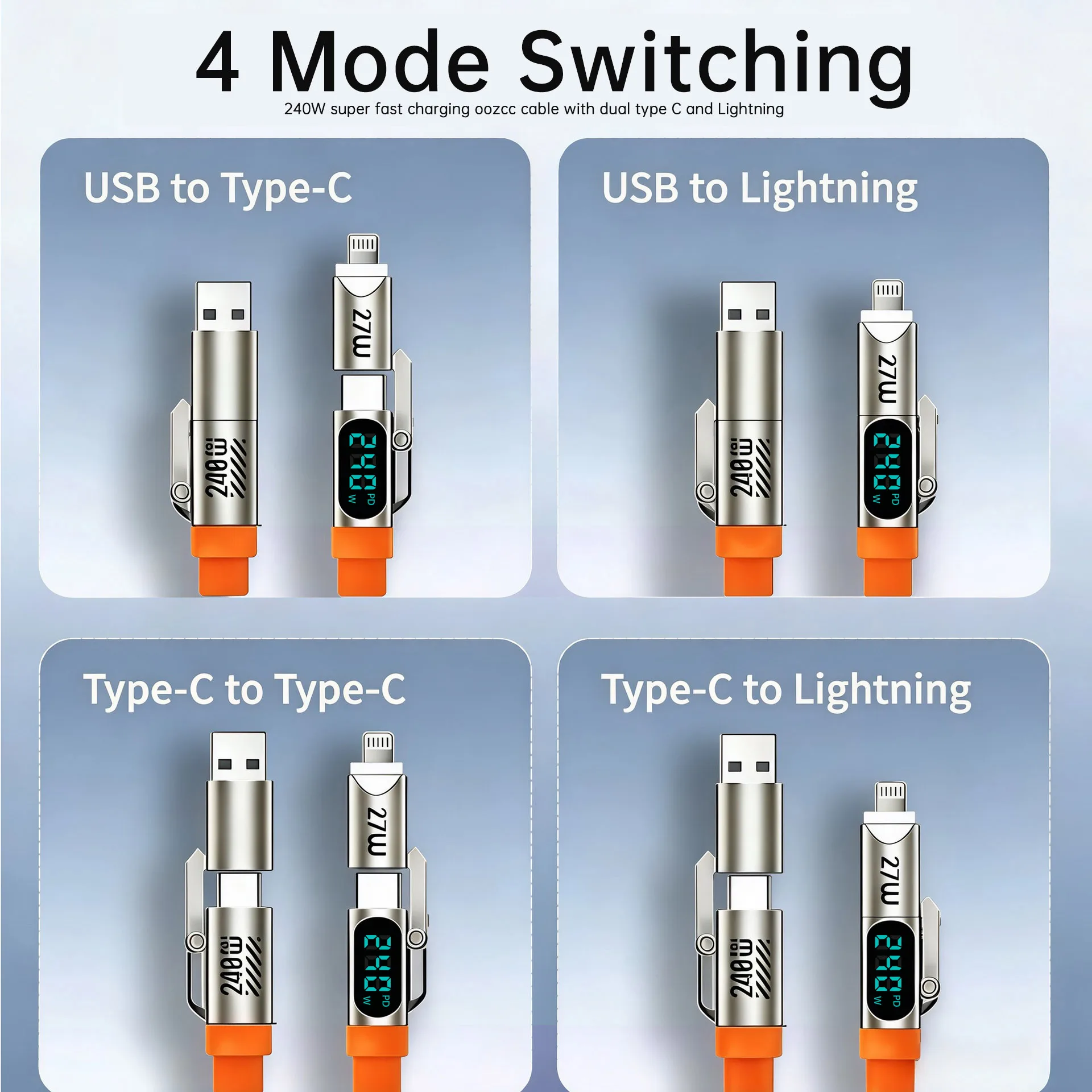 240W LCD 다이나믹 디스플레이 고속 충전 케이블 4 in 1 코일형, 타입 C 접이식 차량용 케이블 (아이폰 8-17, 삼성 갤럭시 S25/S24 호환)