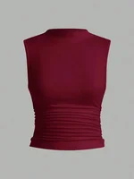 Haut court plissé à col montant pour femmes, couleur unie, basique, sans manches, froncé, Streetwear, été 1