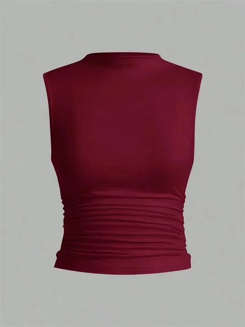Haut court plissé à col montant pour femmes, couleur unie, basique, sans manches, froncé, Streetwear, été 1