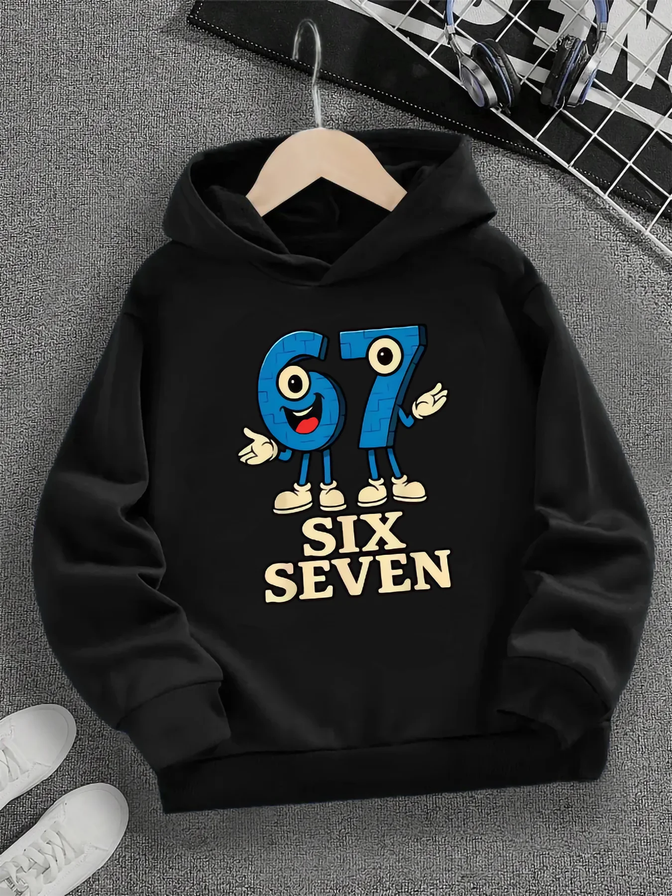 Printemps et automne une pièce mode décontractée noël # 67 Sweat-shirt à capuche noir pour garçon, Six Seven, motif imprimé de dessin animé bleu 67