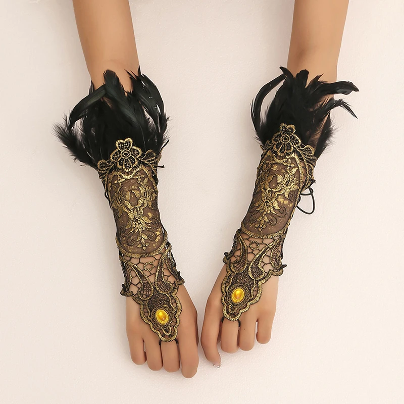 Gothic Feather Gold Lace Long Glove Bracelet Women Party Sexy Fingerless Gloves Exaggerated Lace Fishnet Gloves Accessories