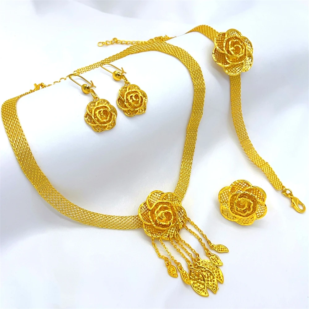 

ESALE Dubai 24K gold-plated jewelry wedding set African women's necklace earrings Nigerian bride gift