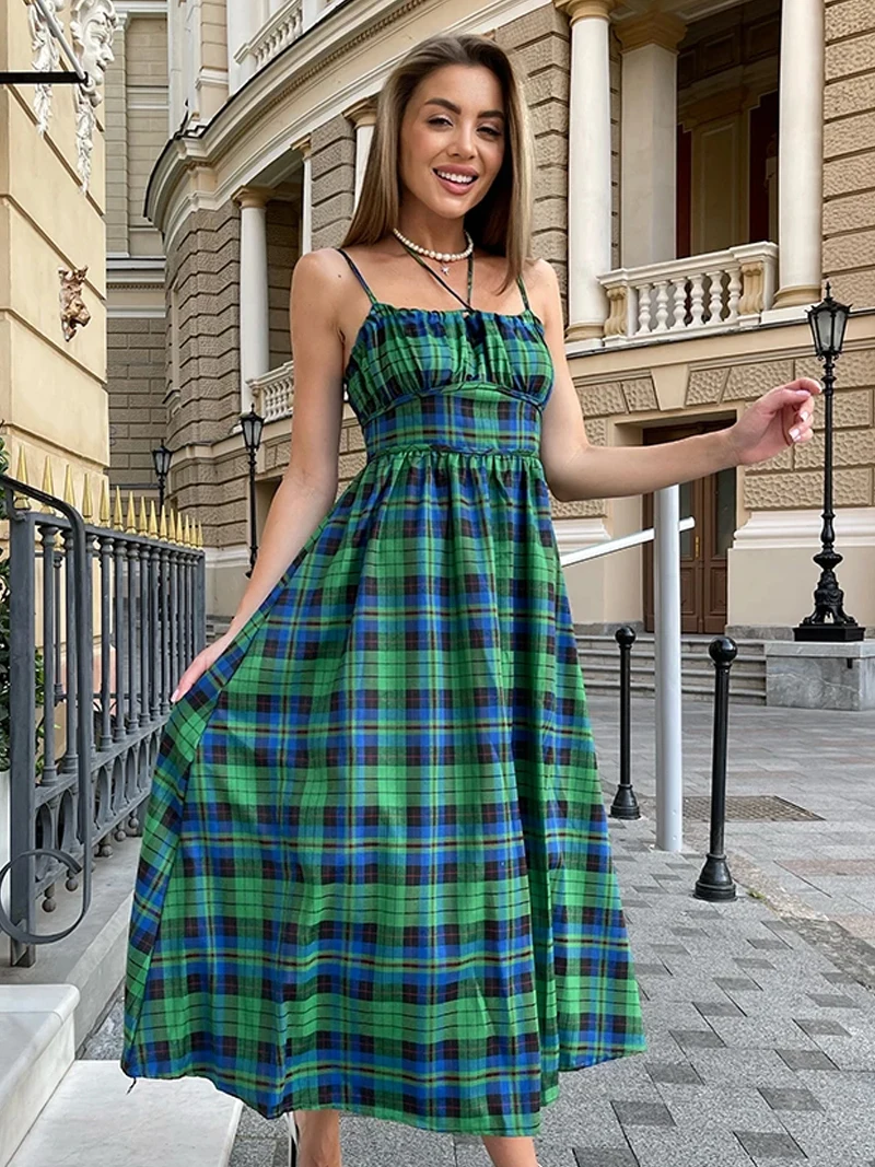 

Casual Sleeveless Summer Women Long Dresses Bandage Sexy Boho Beach Slip Dress Blue Green Plaid Maxi Dress For Women Summer 2023
