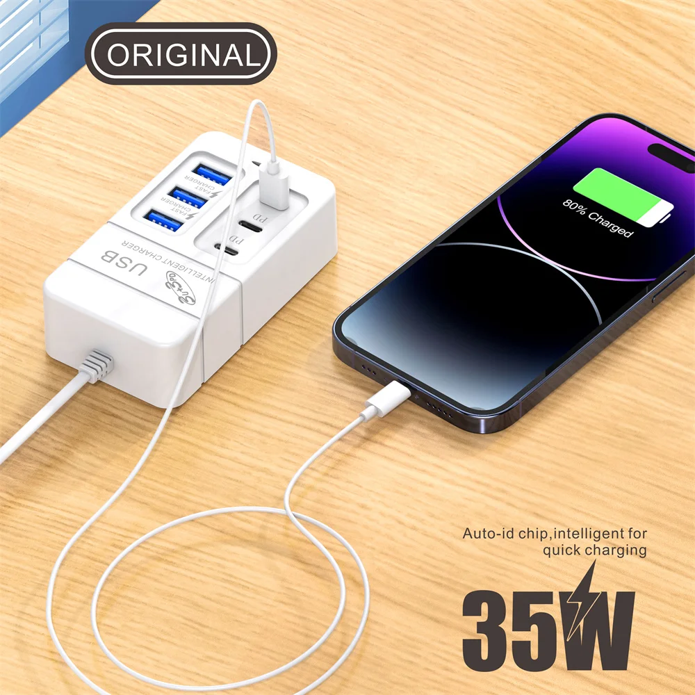 35W Multiport USB Charger PD Type C Fast Charging EU US Plug Wall Charger USB Hub Adapter 6 Ports USB Quick Mobile Phone Charger 2