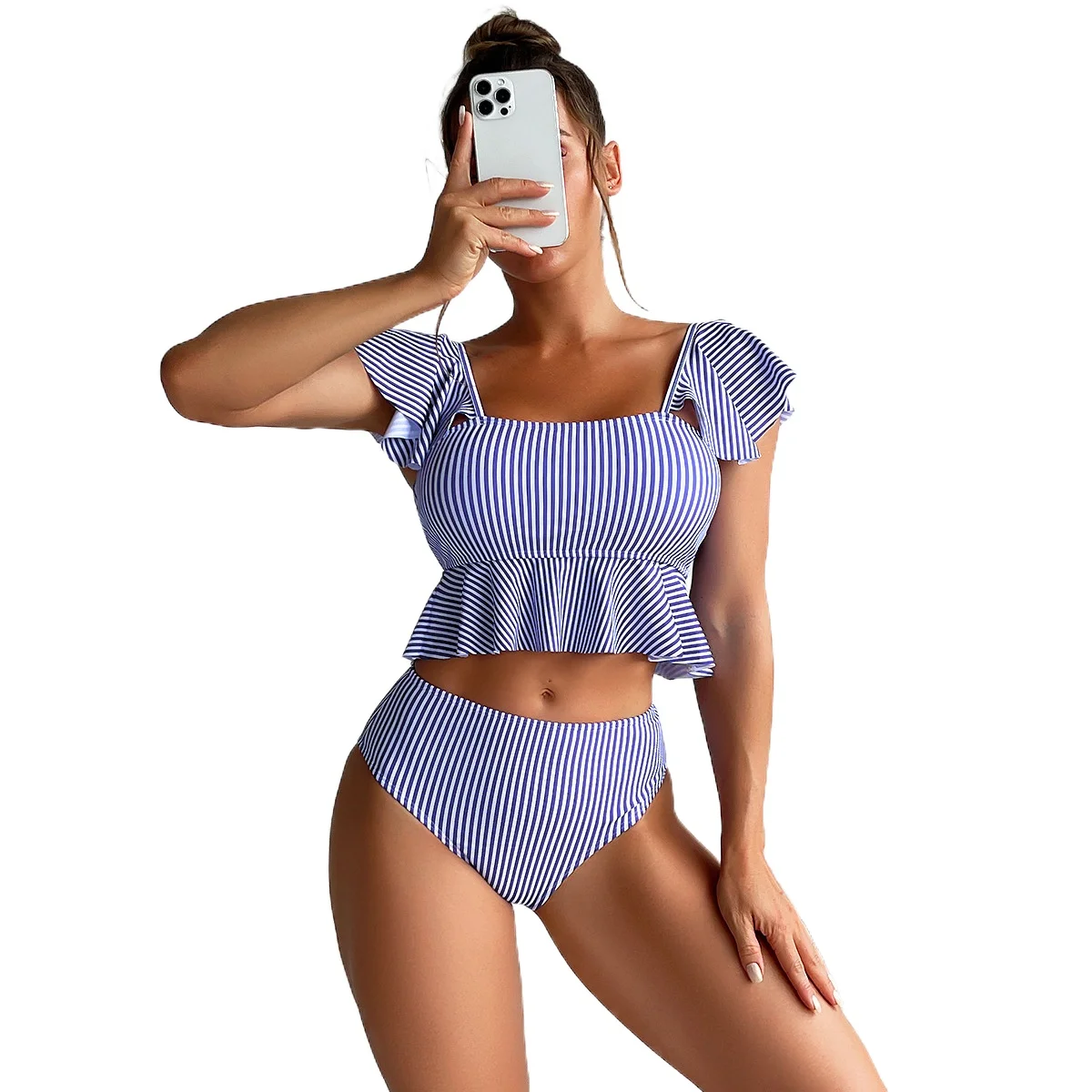 

Striped Ruffle High Waist Sexy Backless Bikini Swimsuit for Women Summer Swimwear Suit