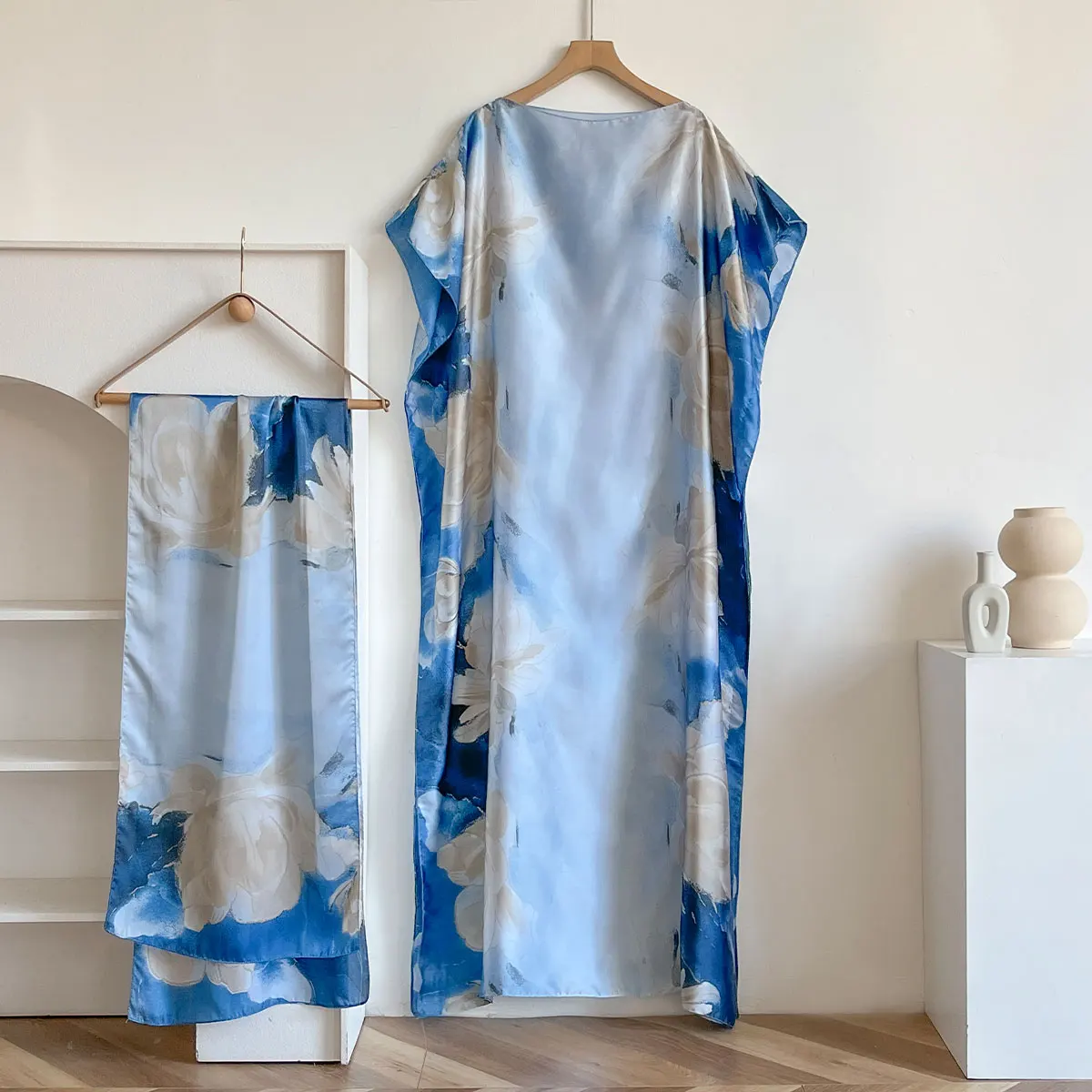 Summer Fashion African Dresses For Women Elegant Printed Silk Muslim Lady Long Hijab Kaftan Dress Sun Protection Kuwait Abaya