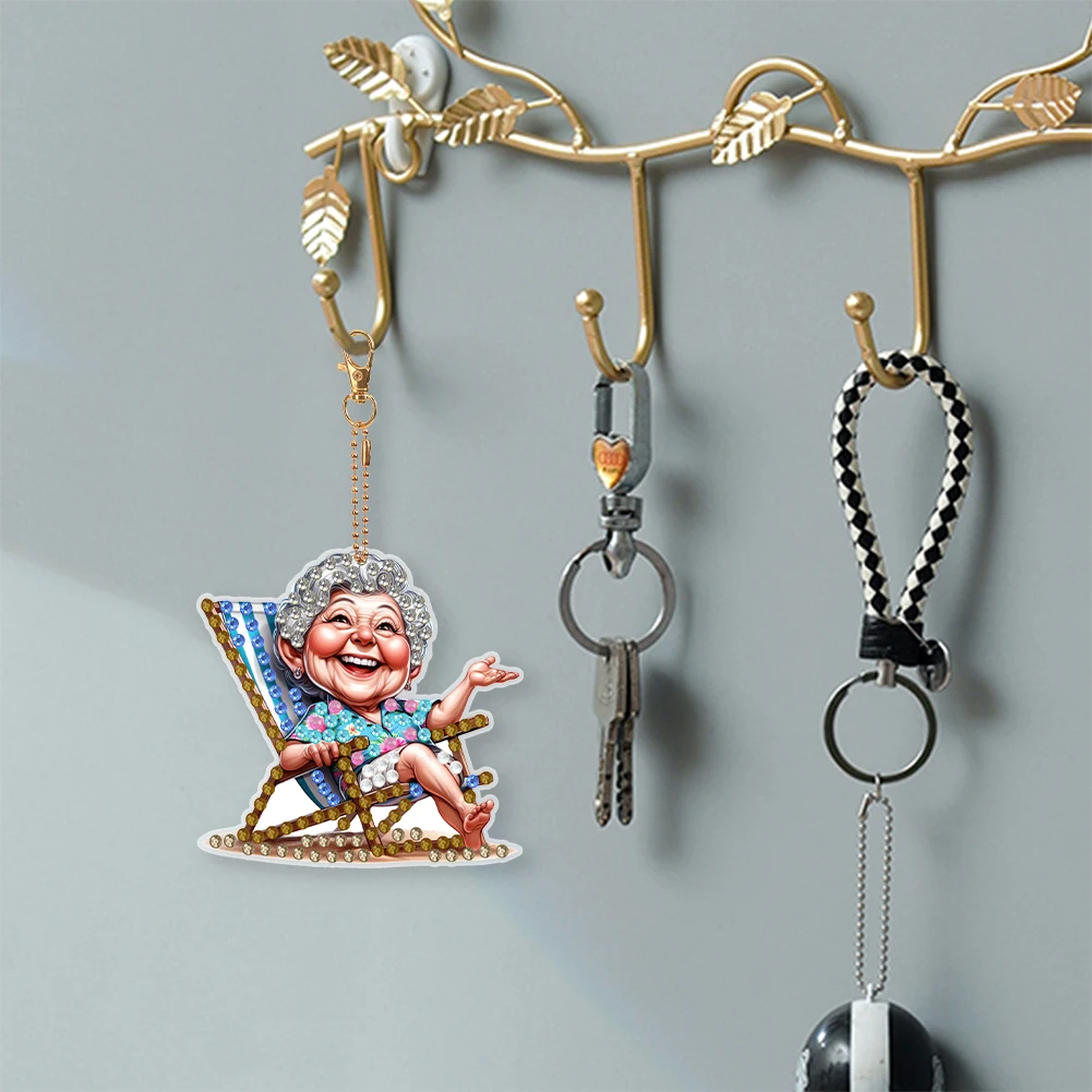 6Pcs Double Side Optimistic Old Lady Diamond Painting Keychain Rhinestone Painting Keychain Pendant for Beginners Adults