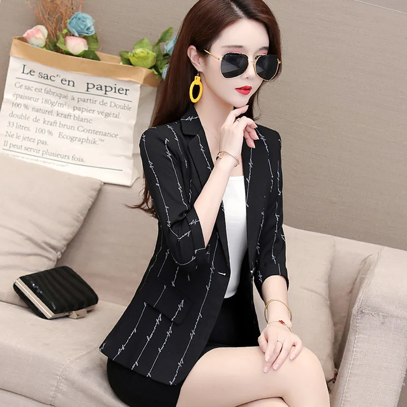 

2022 Summer Three-quarter Sleeve Thin Suit Jacket Women's Clothing Short Korean Striped OL Blazers Suits Office Lady Tops jp133