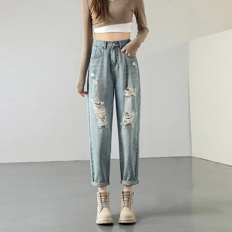 

Модные потертые брендовые джинсы для женщин, брюки Harlan, весенние эластичные новые свободные широкие джинсовые брюки большого размера