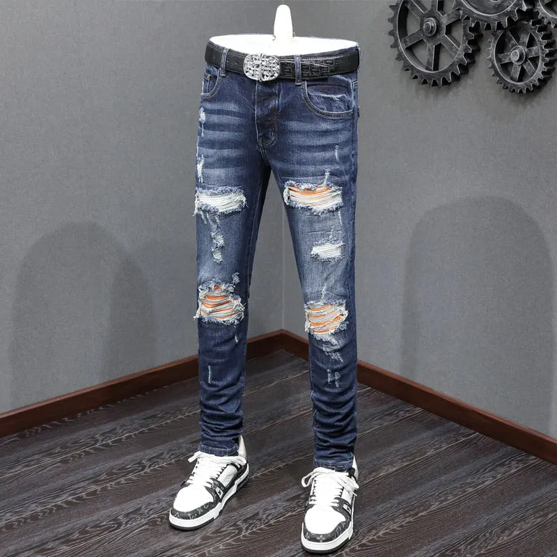 High Street Fashion New Men's Jeans Slim Fit Elastic Retro Blue Jeans Design with Yellow Patch Hip Hop Brand Pants