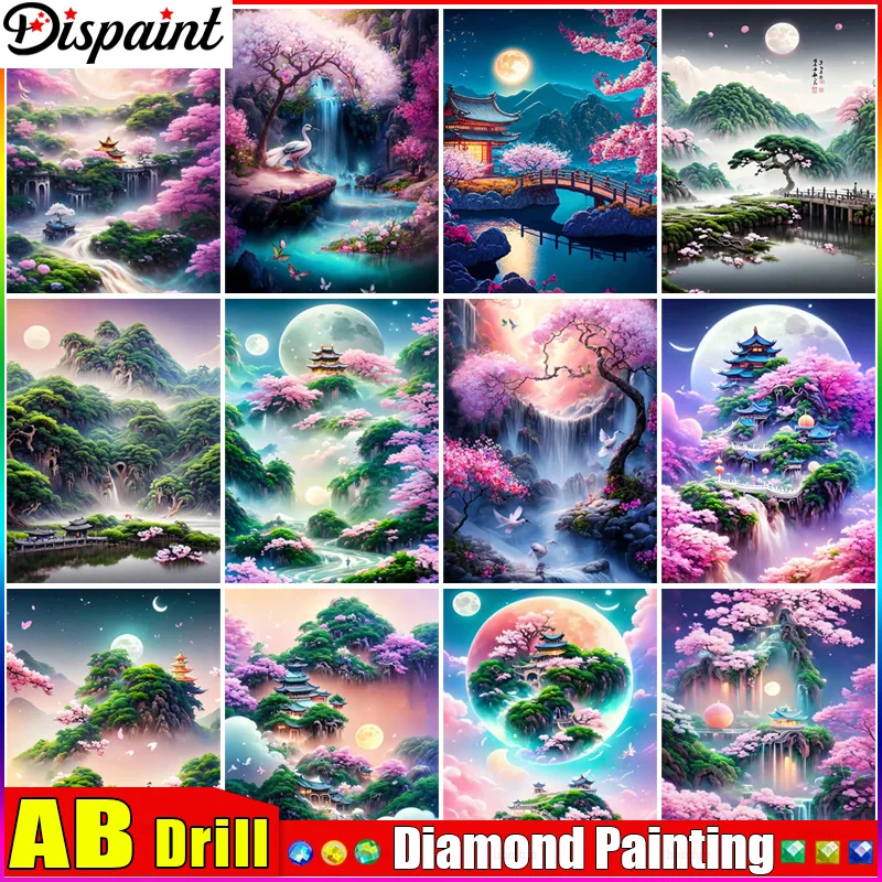 

Полноформатная Алмазная вышивка Dispaint AB 5D «сделай сам», «Луна, дерево, цветок», картина из страз, квадратная/круглая Искусство декора