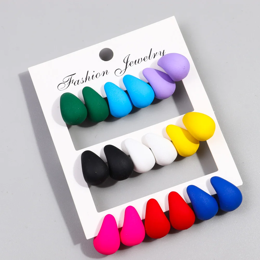 New 9Pair/Set Acrylic Small Chunky Waterdrop Earrings Dupes for Women Matte Colorful Dome Tear Drop Earring Hoops Trendy Jewelry