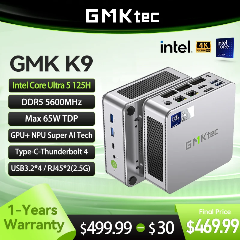 

GMKtec Mini PC GMK K9 Intel Core Ultra 5 125H NUCBOX System Window 11Pro PCle GEN4.0*4 DDR5 5600MHz