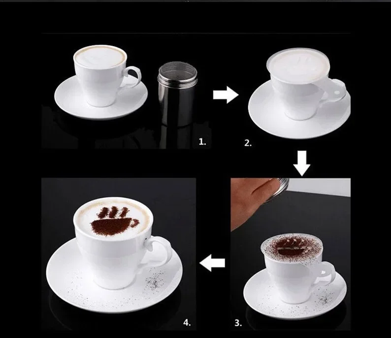 Coffee Shaker Stainless Steel Chocolate Shaker Cocoa Flour Coffee Sifter 19Pcs Coffee Stencils Template Strew Pad Duster Spray Set
