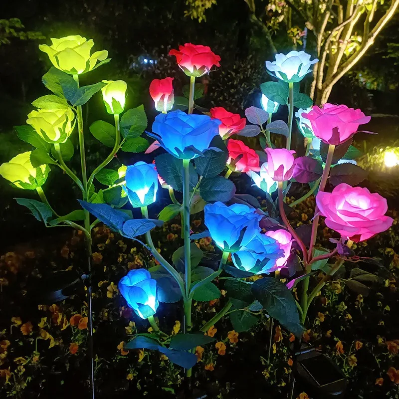 1pc 태양광 3헤드 시뮬레이션 장미 잔디 조명 야외 정원 조명 마당 파티오 통로 잔디 울타리 웨딩 장식에 적합