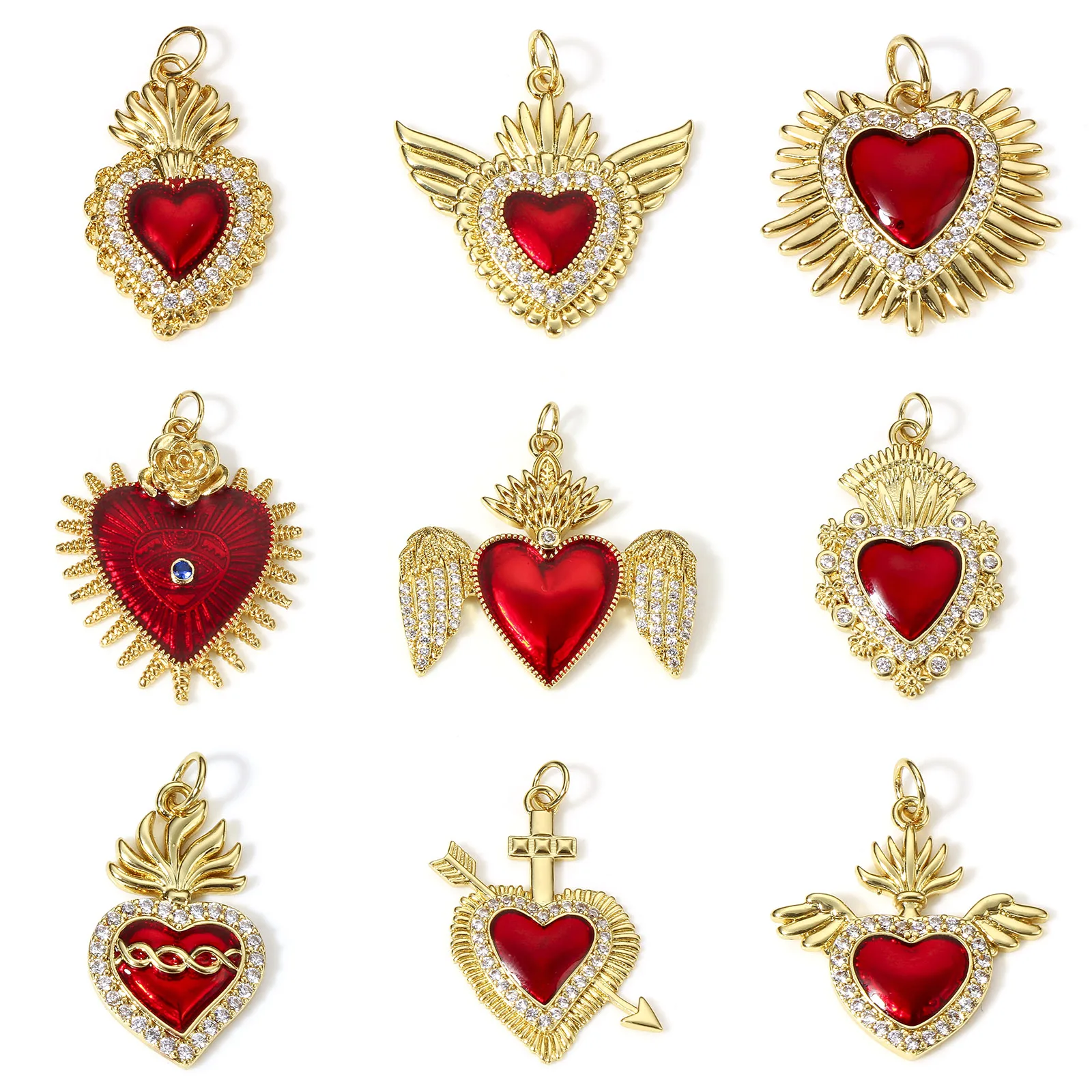 2 pezzi di ciondoli a forma di cuore sacro rosso in lega di rame, malocchio, corona reale, fai da te per gioielli, bracciali, collane, orecchini, forniture artigianali - Italia
