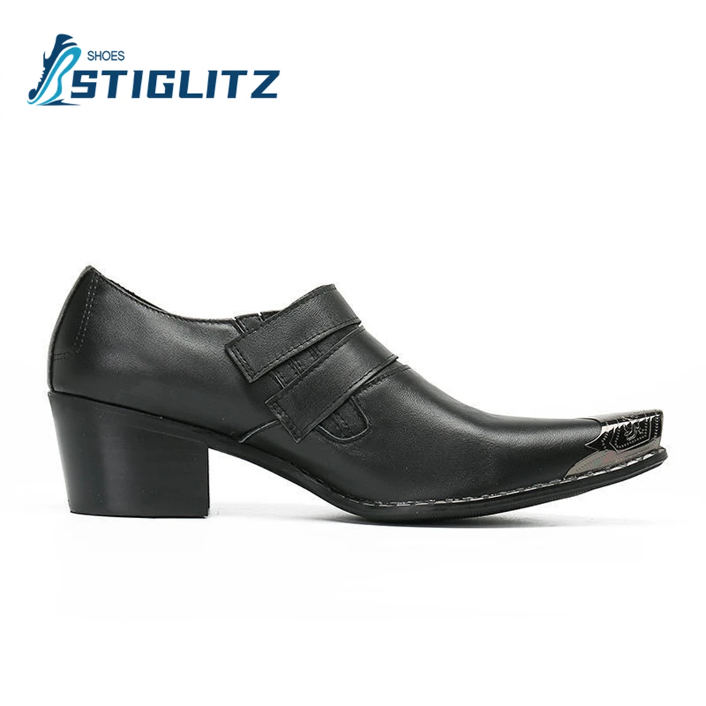 Flame Buckle Chelseas Black Genuine Leather Shallow Mules Metal Square Toe Sewing Thread Heeled Shoes Business Dress Men's Shoes