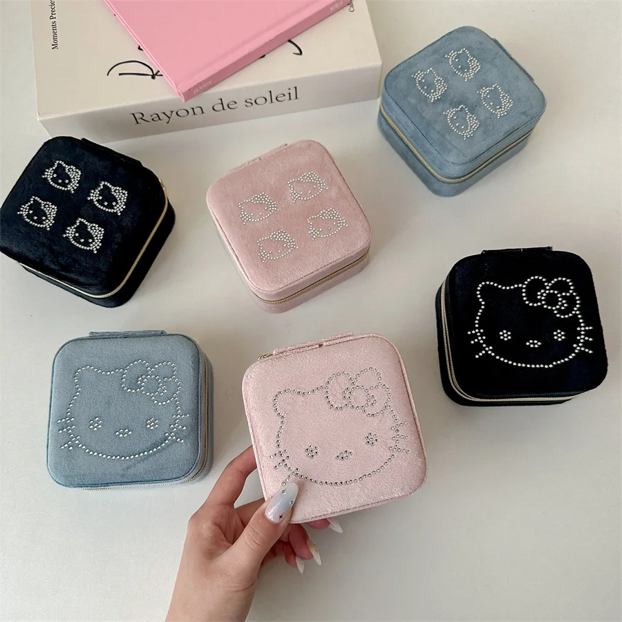 

Hello Kitty girl Heart Velvet Premium Storage Box Jewelry Desktop Jewelry Box Hot Diamond Jewelry Zipper Partition Storage Box