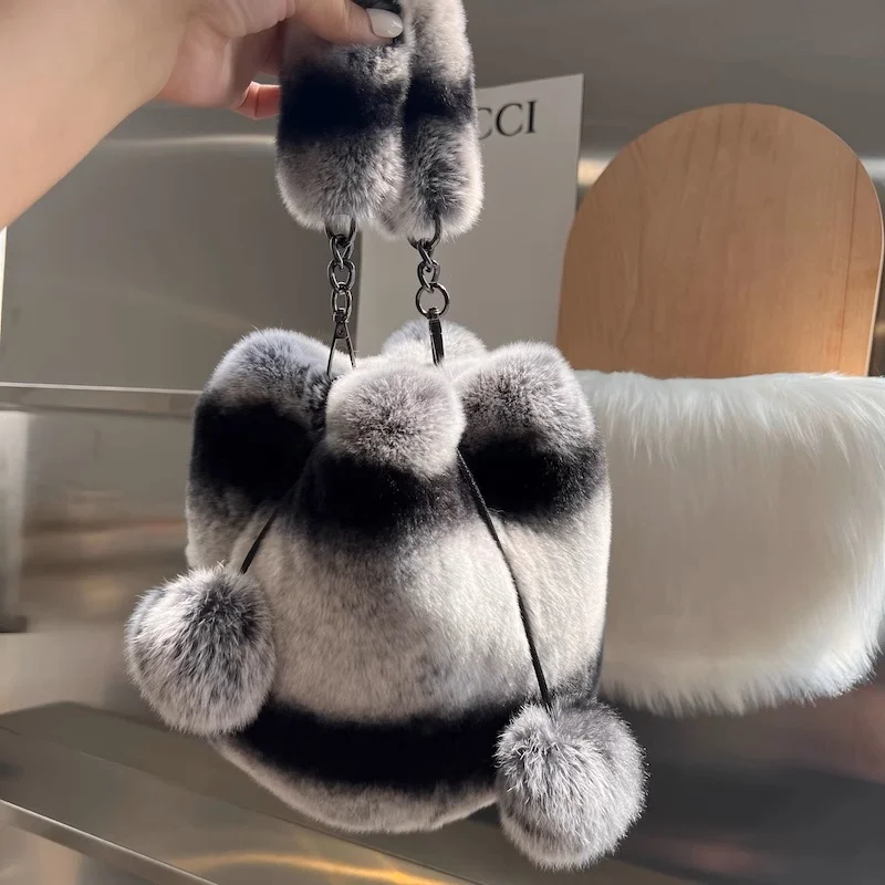 Real Rex Rabbit Fur Shoulder Bag for Women, Crossbody Handbags, Plush, Cute Chain, Fashion