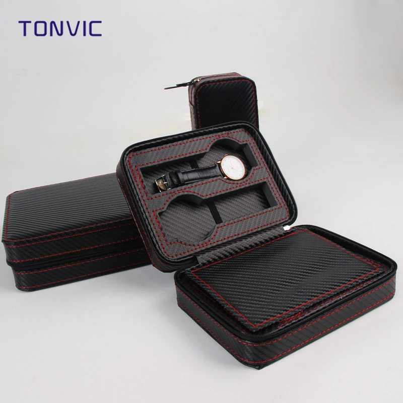 2/4/8 Slots High Qualit Leather Watch Box Zipper Easy Carry Carbon Fiber Watch Display Jewelry Box