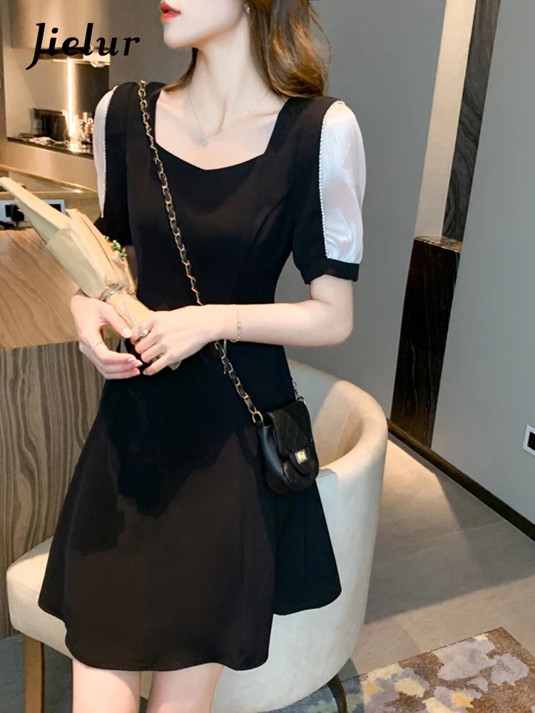 

Jielur Summer New Slim Contrast Color Women's Dress Sweet Ladies Elegant Dress Woman Black Square Neck Puff Sleeve Dress Female