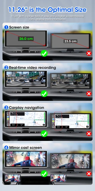 11.26 นิ้วรถ DVR 4K Dash Cam Dual Lens Wireless Carplay & Android Auto Video Recorder Monitor GPS นําทาง 5G Wifi FM AUX 2