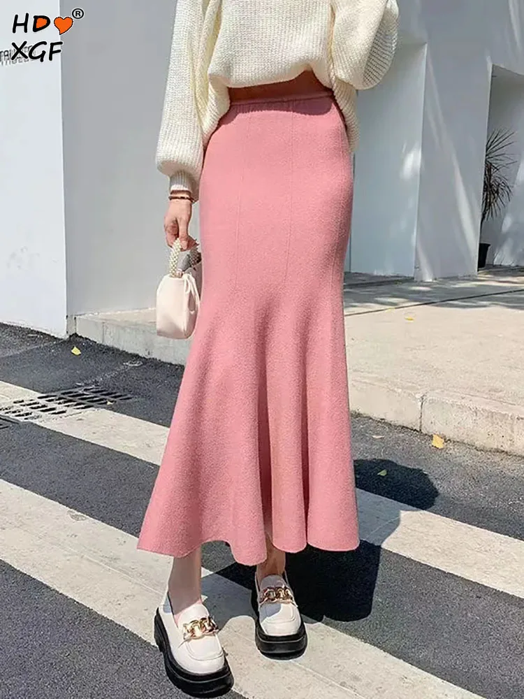 

Casual Solid Color Pleated Fishtail Skirt Korean Fashion Women Elastic High Waist Knitted Skirt Elegant All-match A-line Skirts