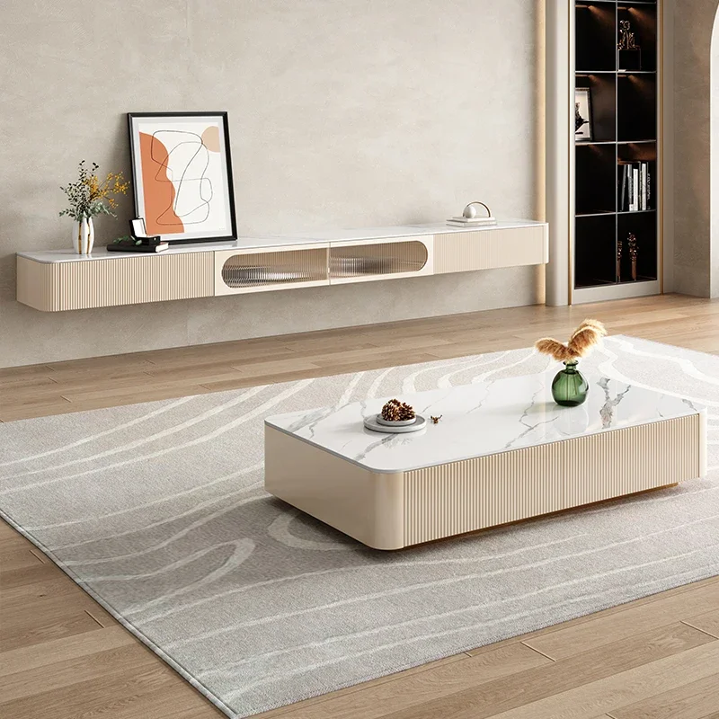 

Imported rock tea table TV cabinet combination Italian luxury modern small-sized living room hanging wall-mounted TV cabinet