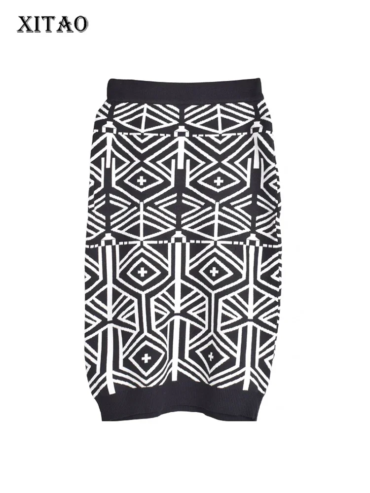 

XITAO Knitting Skirts Fashion Matching Color Geometric Pattern Casual All-match Temperament 2024 New Arrival Women WS2122