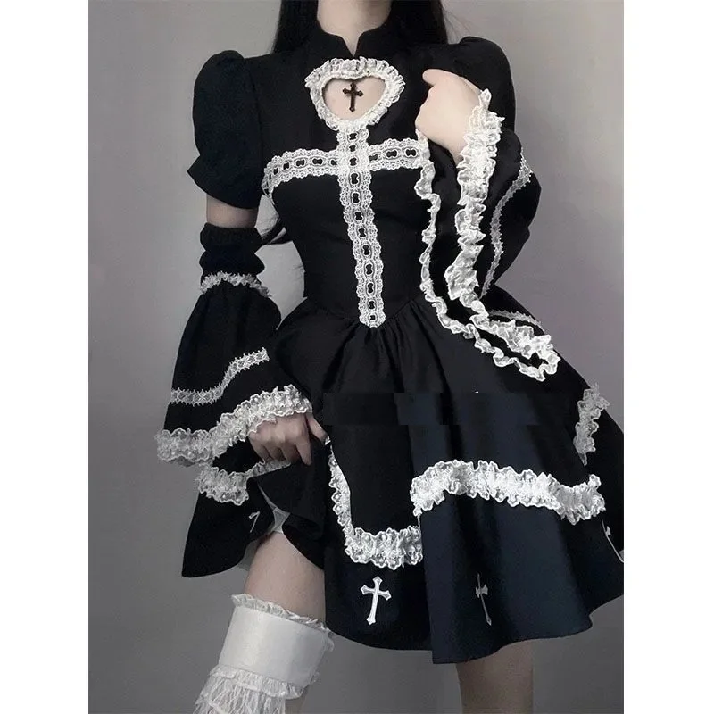 Black Gothic Lace Hem Cross Featured Flare Sleeve A Line A Shape Puffy Dark Metal Lolita Dress Girls Cosplay Harajuku Dress