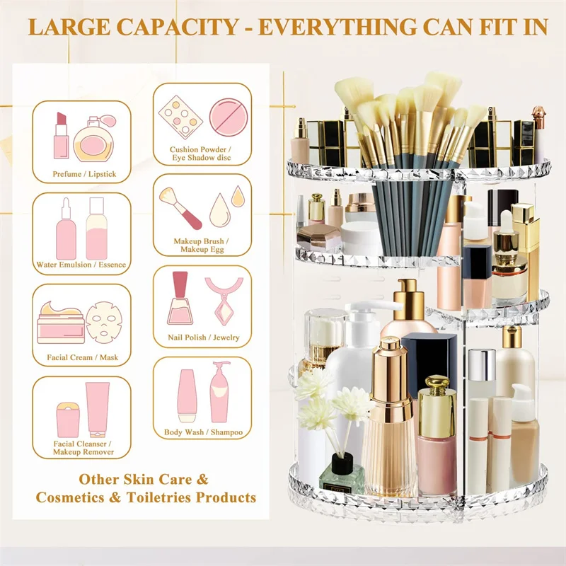 Makeup Organizer 360 Large Rotating Makeup Organizer Adjustable Durable Spinning Cosmetics Skincare Perfume Brush Storage For Bathroom Dresser
