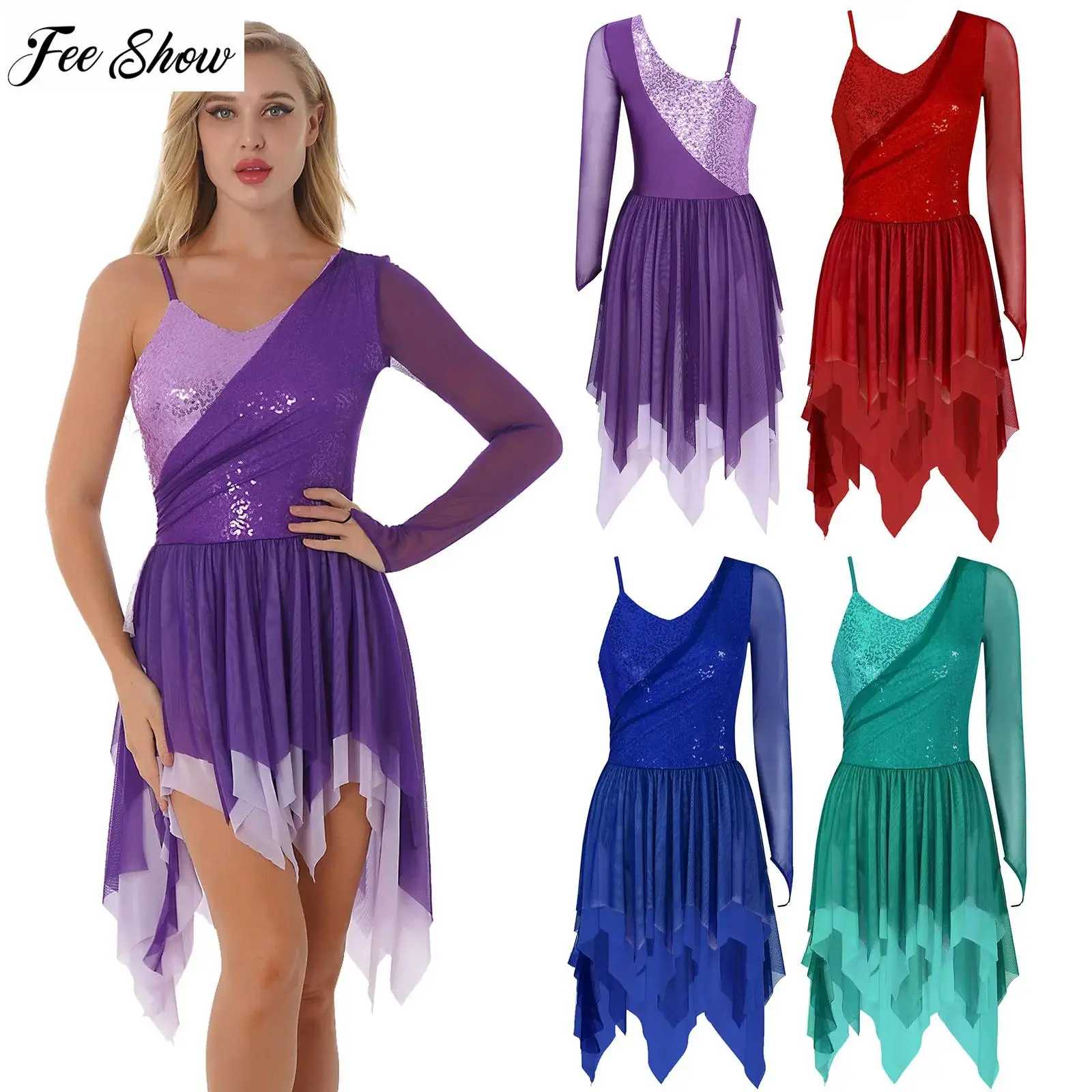 

Женское блестящее платье для латиноамериканского танца с блестящими блестками, прозрачное Сетчатое танцевальное платье с длинным рукавом и асимметричным подолом