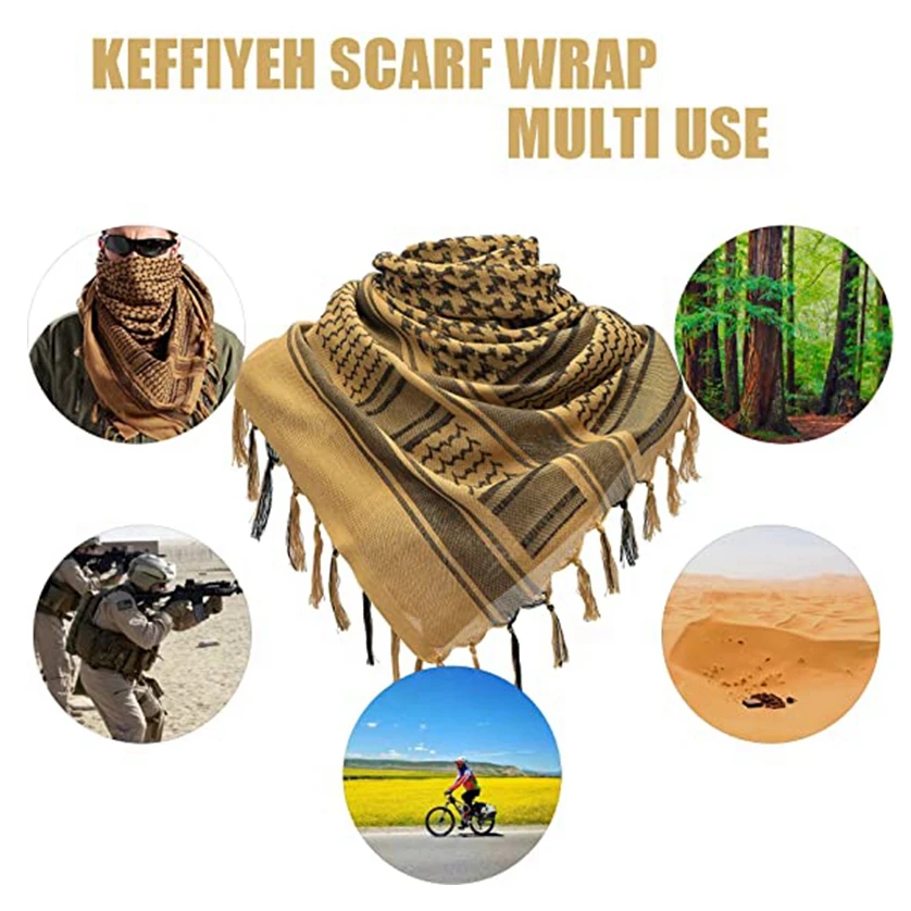 Cachecol Tactical Desert Keffiyeh para Homens e Mulheres, Envoltório de Cabeça e Pescoço com Borla, Envoltório Árabe, Shemagh, 43x43 polegadas