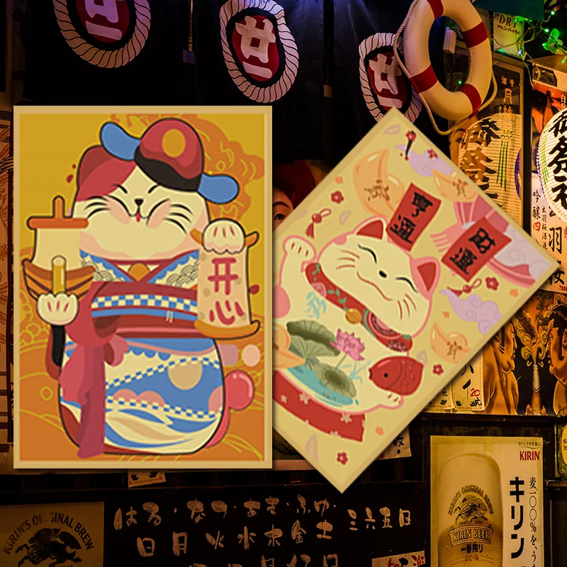 

Плакат из крафт-бумаги в японском стиле с изображением кошки удачи, Izakaya, суши, ресторана, ретро, мягкие декоративные картины
