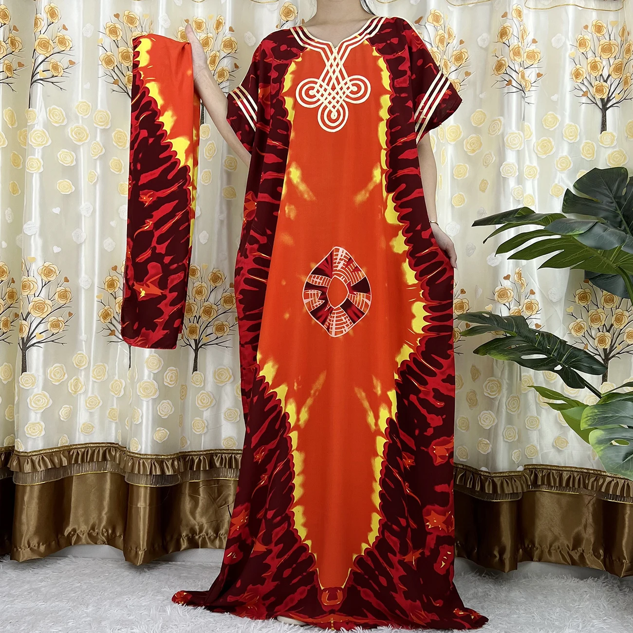2022 New Short Sleeve African Abaya Dashiki Floral Tie-Dyelong Cotton Lady Elegant Summer Maxi Casual Dresses Vestidos