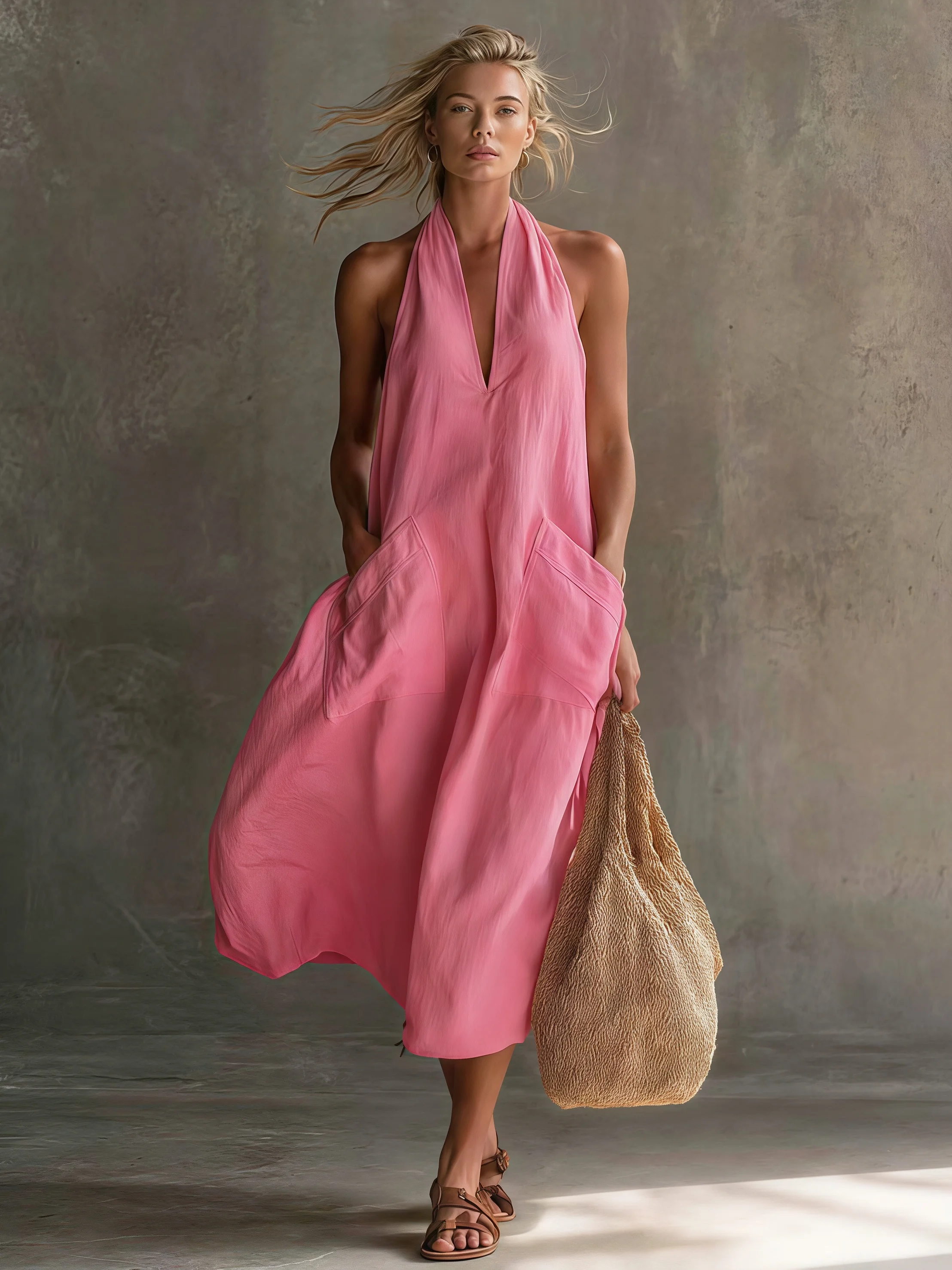 Women's Linen Halter Maxi Dress V Neck Sleeveless Loose Flowy Summer Casual Beach Dress with Pockets 5