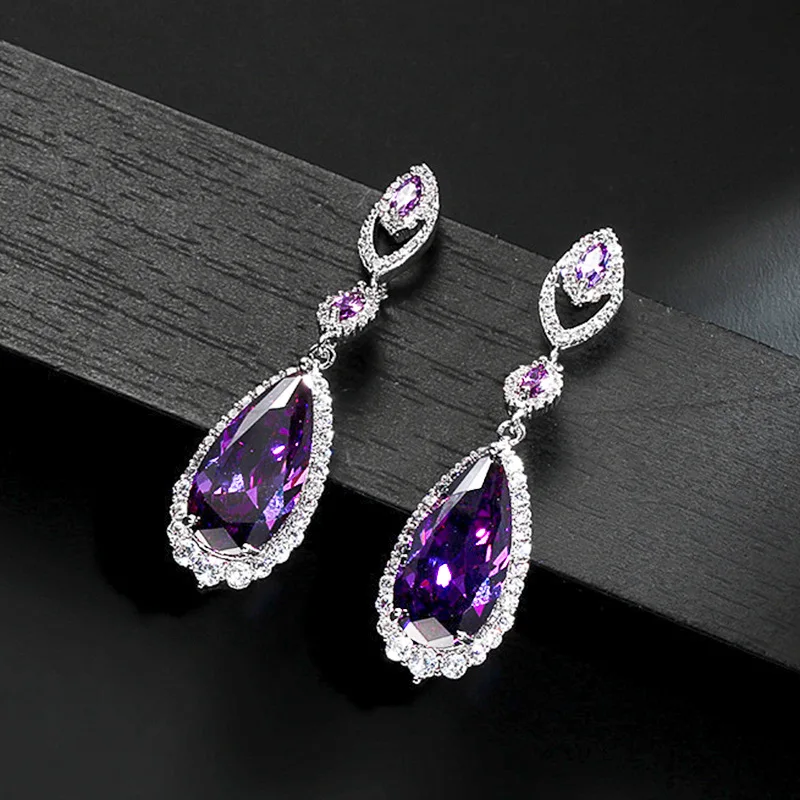 2022 Elegant Water Drop Shaped Zirconia Paars Crystal Bridal Lange Oorbellen Luxe Bruiloft