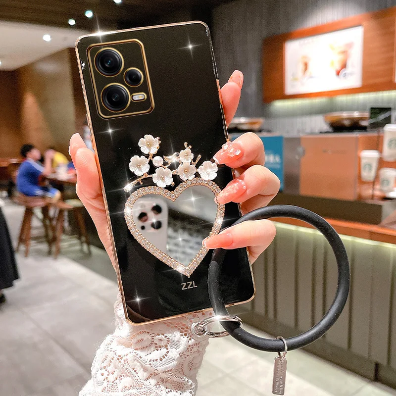 

Bling Plating Heart Mirror Case For Redmi 12C Note11S 11 Pro 12S 10C 10A 10s 9T 9s 9C 9A 8 8T A1 Plus Bracelet Plum Flower Cover