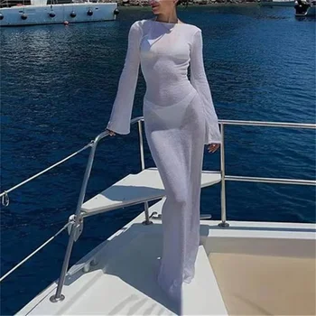 Women Summer Mesh Wrapped Dress Long Sleeve Round Neck See Through Sunscreen Solid Color Backless Beach Long Dress 1