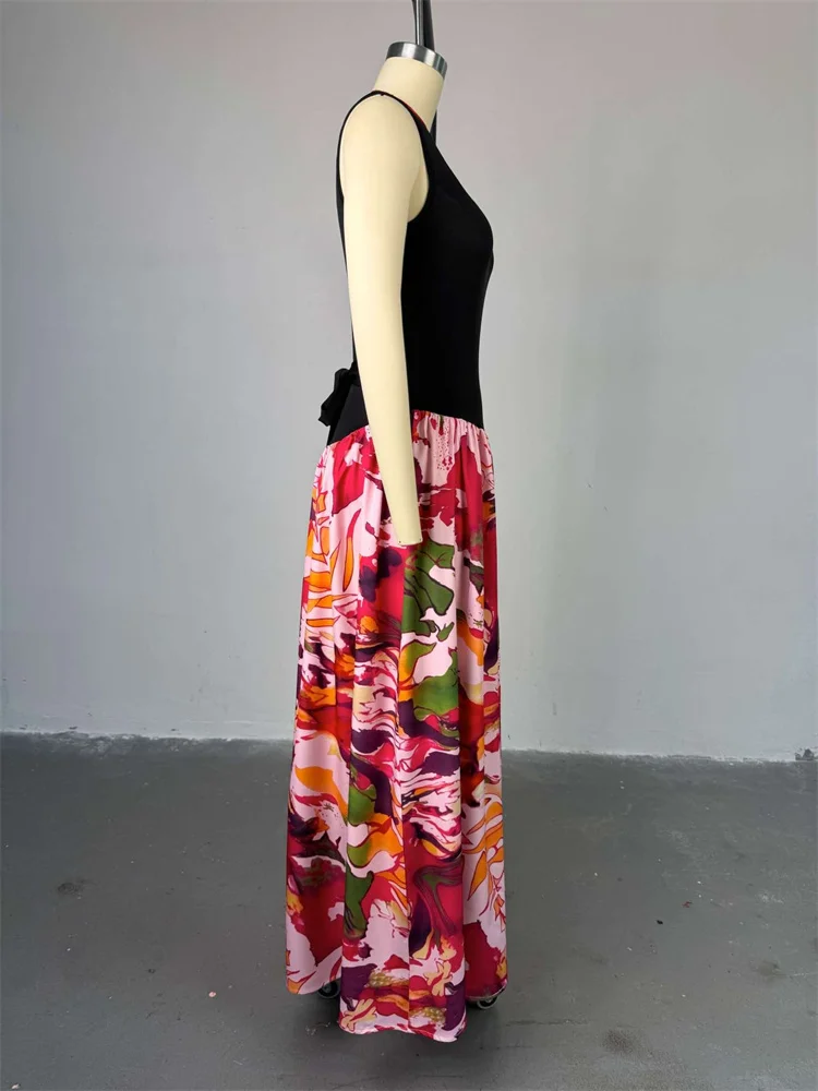 Wmstar Women Dresses for Women Sweet  Printed Round Neck Sleeveless High Waisted Bodycon Party Patchwork Long Dress 2025