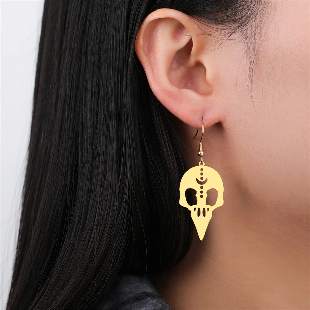 Punk Schädel baumeln Ohrringe für Frauen Gold Farbe Skelett Ohrringe Edelstahl weiblichen Schmuck Zubehör Aretes de Mujer