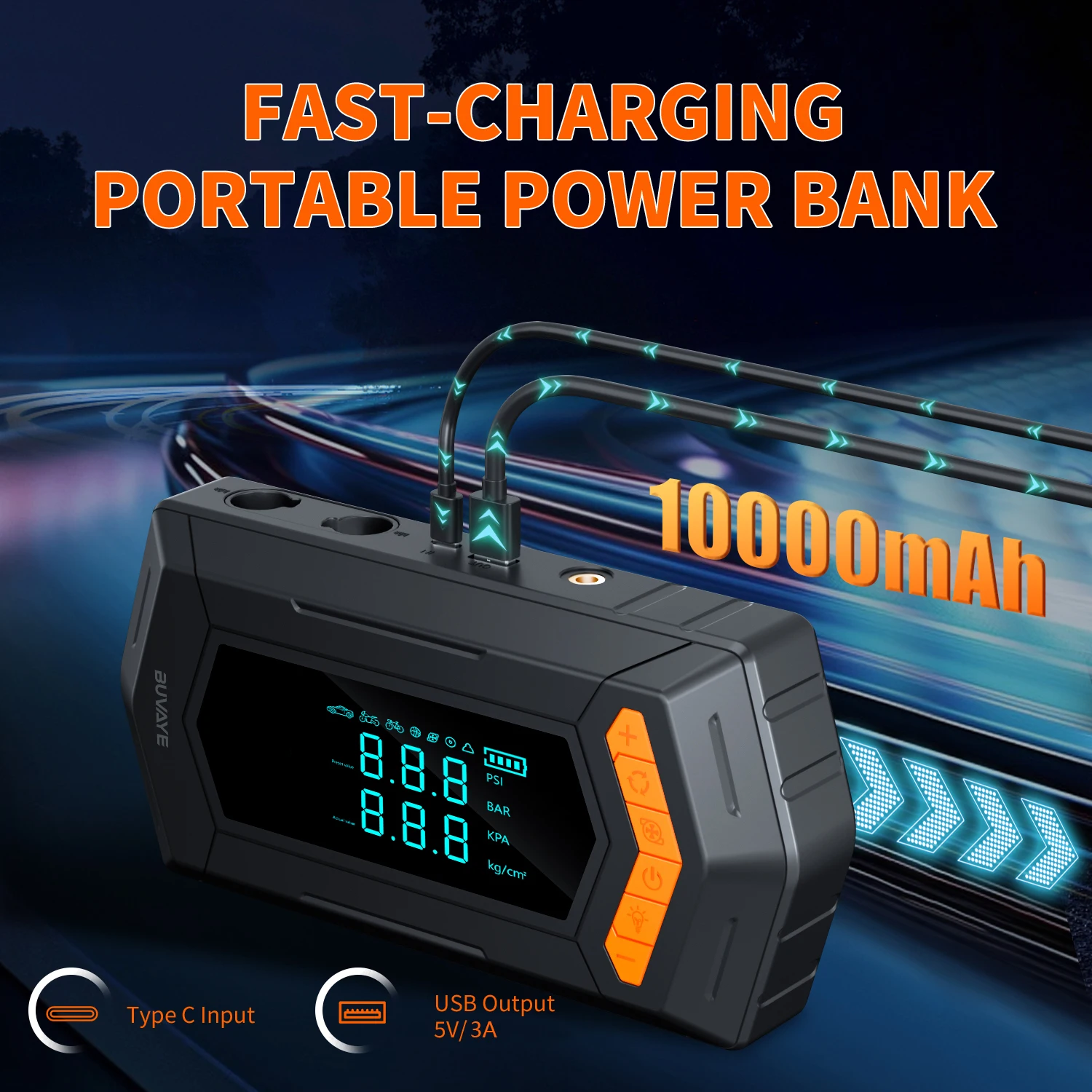 BUVAYE Jump Starter Air Compressor with Air Pump Portable 2000A Battery Booster 150PSI Electric Inflator 250Lmin Inflatable Pump